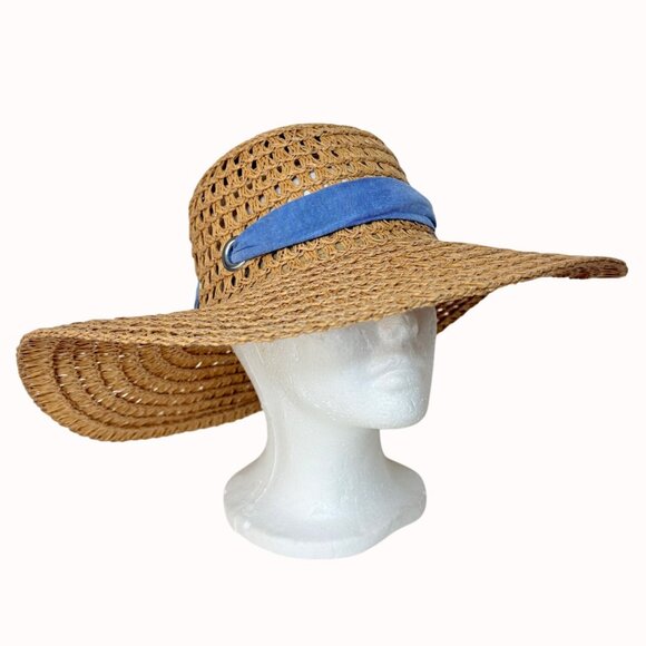 Open Weave Floppy Straw Hat Wide Brim Blue Bow Grommets Beach Cruise Resort Chic - Picture 3 of 16